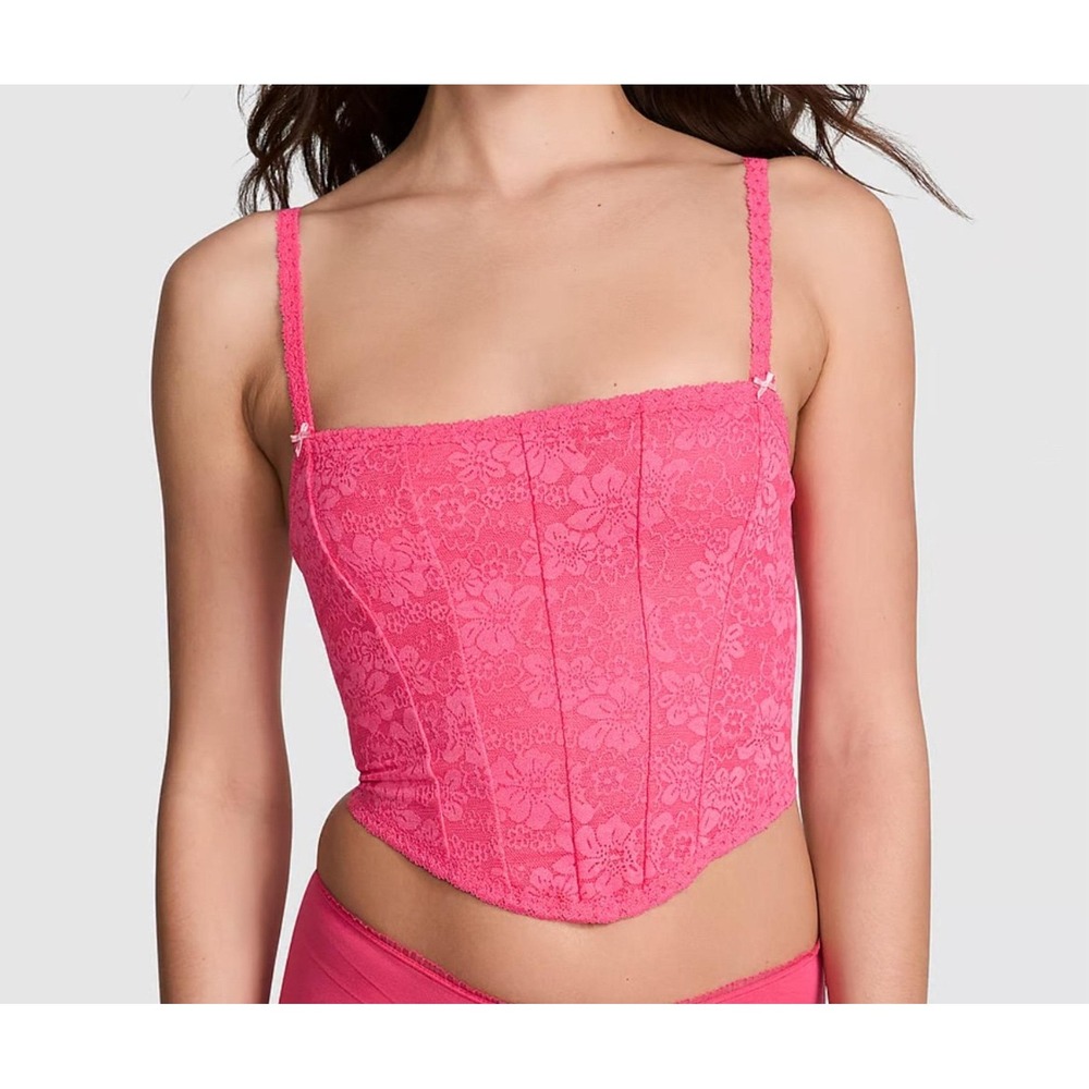 Victoria's Secret Pink Floral Lace‎ Corset Bustier Top Hot Pink Coquette Dainty